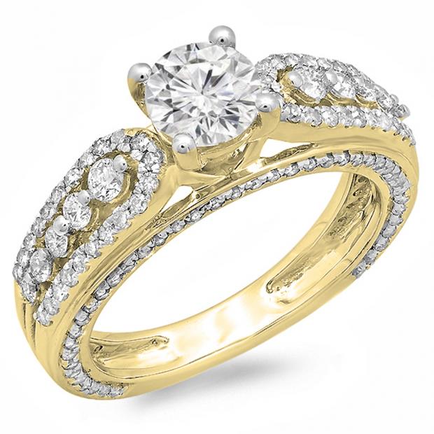 1.75 Carat (ctw) 10K Yellow Gold Round Diamond Ladies Vintage Style Solitaire With Accents Bridal Engagement Ring 1 3/4 CT
