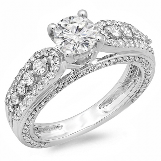 1.75 Carat (ctw) 14k White Gold Round Diamond Ladies Vintage Style Solitaire With Accents Bridal Engagement Ring 1 3/4 CT