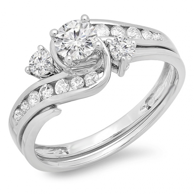 0.90 Carat (ctw) 14K White Gold Round Diamond Ladies Swirl Bridal Engagement Ring With Matching Band Set 1 CT