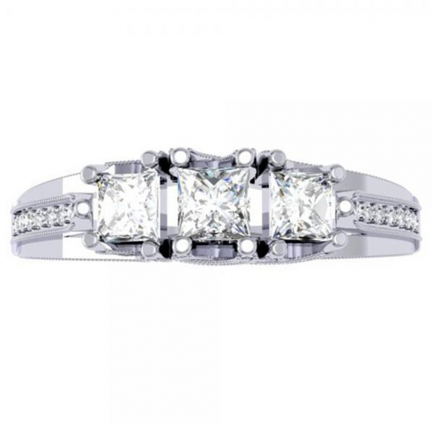 1.00 Carat (ctw) 14k White Gold Princess & Round Diamond Ladies Vintage Bridal 3 Stone Engagement Ring 1 CT
