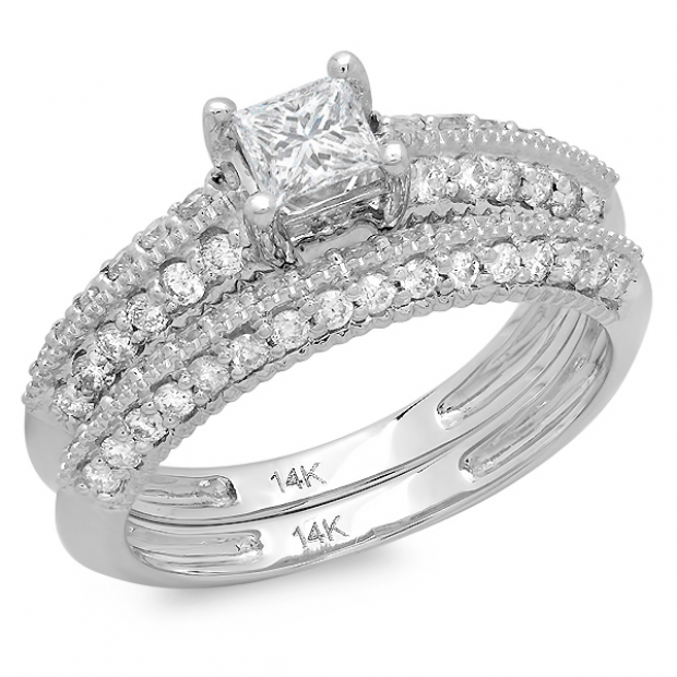 1.15 Carat (ctw) 14K White Gold Princess & Round Diamond Ladies Bridal Engagement Ring With Matching Band Set
