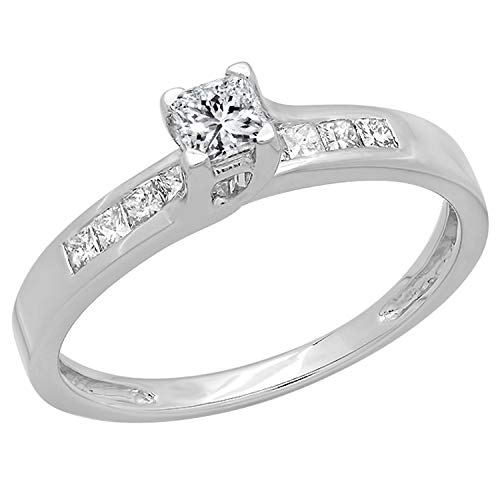 0.50 Carat (ctw) 14K White Gold Princess Cut Diamond Ladies Solitaire With Accents Bridal Engagement Ring 1/2 CT
