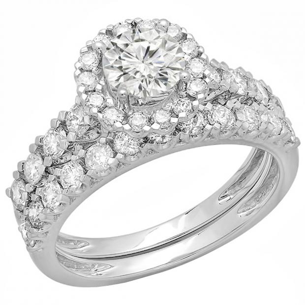 2.00 Carat (ctw) 18K White Gold Round Cut Diamond Ladies Bridal Halo Style Engagement Ring With Matching Wedding Band Set 2 CT