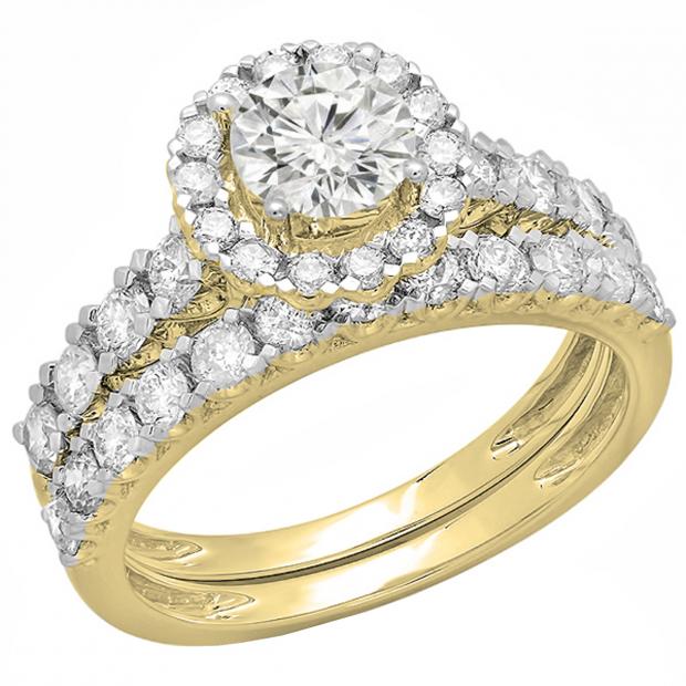 2.00 Carat (ctw) 18K Yellow Gold Round Cut Diamond Ladies Bridal Halo Style Engagement Ring With Matching Wedding Band Set 2 CT