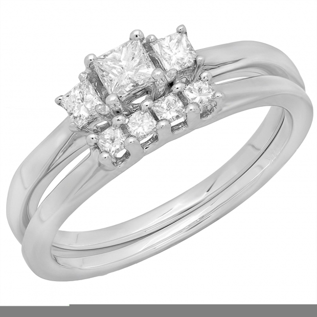 0.50 Carat (ctw) 14K White Gold Princess Cut Diamond Ladies 3 Stone Bridal Engagement Ring With Matching Wedding Band Set 1/2 CT