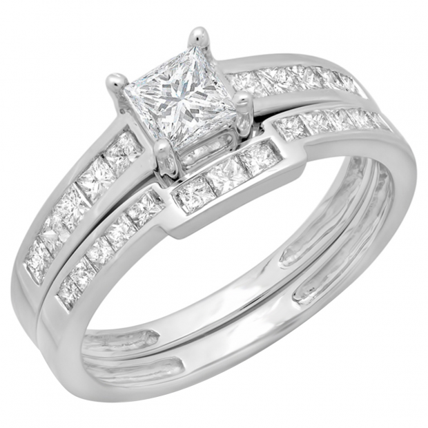 1.10 Carat (ctw) 14K White Gold Princess Cut Diamond Ladies Bridal Engagement Ring With Matching Band Set 1 CT
