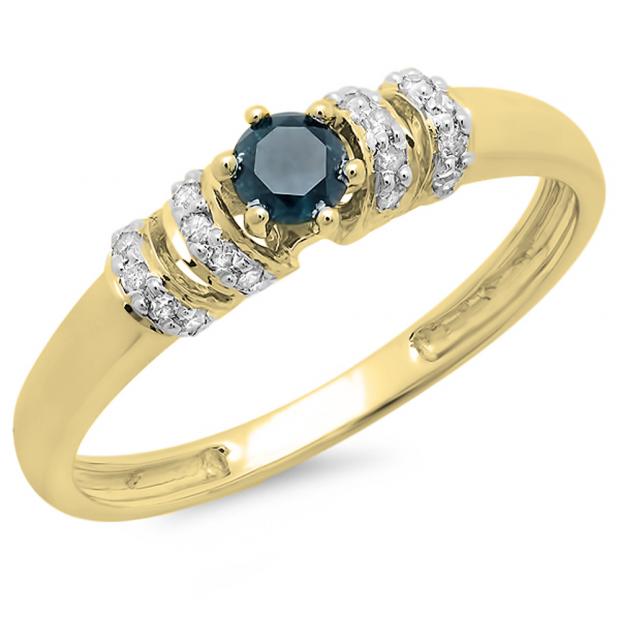 0.25 Carat (ctw) 10K Yellow Gold Round Blue & White Diamond Ladies Bridal Unique Engagement Ring 1/4 CT