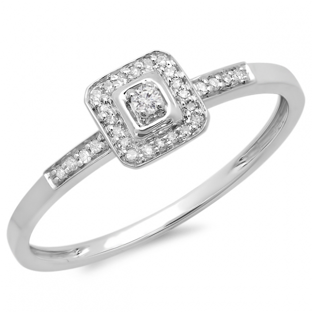 0.10 Carat (ctw) 10K White Gold Round Cut Diamond Ladies Bridal Halo Style Engagement Promise Ring 1/10 CT