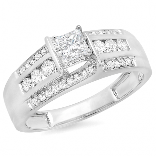 0.80 Carat (ctw) 10K White Gold Princess & Round Cut Diamond Ladies Bridal Engagement Ring 3/4 CT