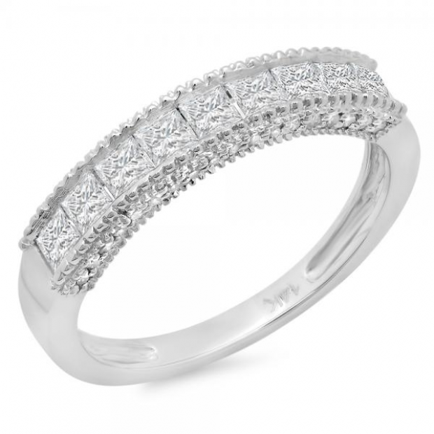 1.00 Carat (ctw) 14K White Gold Princess & Round Diamond Ladies Bridal Anniversary Wedding Band Stackable Ring 1 CT
