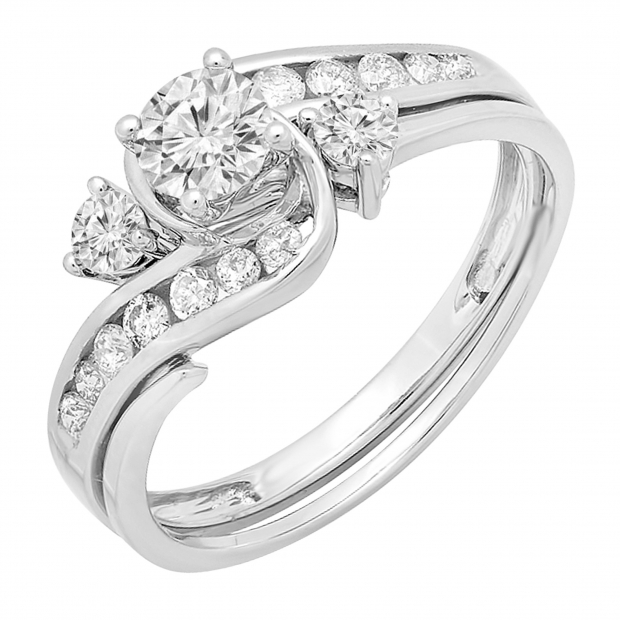 0.75 Carat (ctw) 10K White Gold Round Cut Diamond Ladies Swirl Bridal Engagement Ring With Matching Band Set 3/4 CT