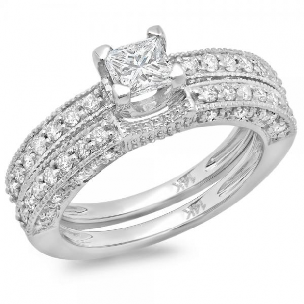 1.50 Carat (ctw) 14K White Gold Princess & Round Diamond Ladies Solitaire With Accents Bridal Engagement Ring With Matching Band Set 1 1/2 CT