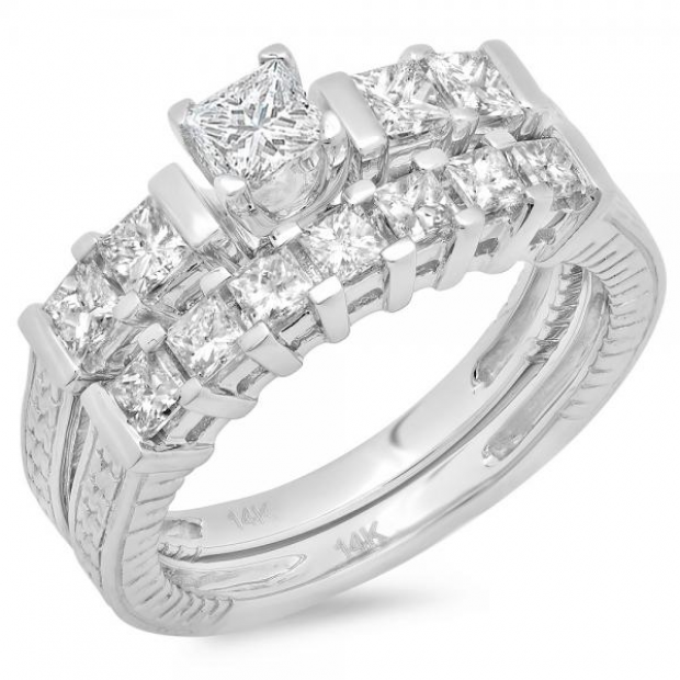 1.50 Carat (ctw) 14K White Gold Princess Cut Diamond Ladies Bridal 5 Stone Engagement Ring With Matching Band Set 1 1/2 CT