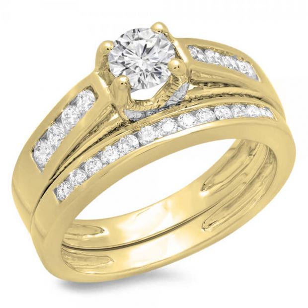 1.00 Carat (ctw) 14K Yellow Gold Round Diamond Ladies Vintage Style Bridal Engagement Ring With Matching Band Set 1 CT