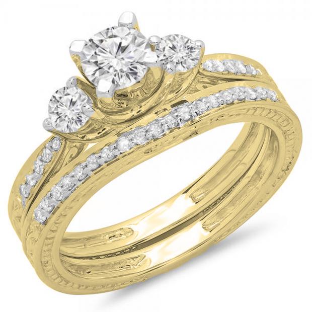 1.00 Carat (ctw) 10K Yellow Gold Round Diamond Ladies Vintage 3 Stone Bridal Engagement Ring With Matching Band Set 1 CT