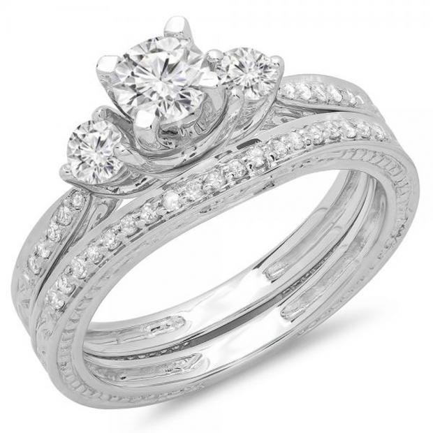 1.00 Carat (ctw) 14K White Gold Round Diamond Ladies Vintage 3 Stone Bridal Engagement Ring With Matching Band Set 1 CT