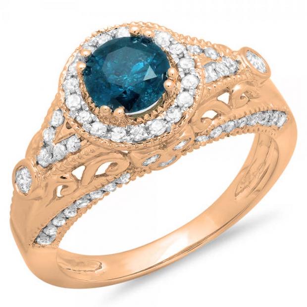 1.33 Carat (ctw) 10K Rose Gold Round Blue & White Diamond Ladies Split Shank Vintage Bridal Halo Style Engagement Ring 1 1/3 CT