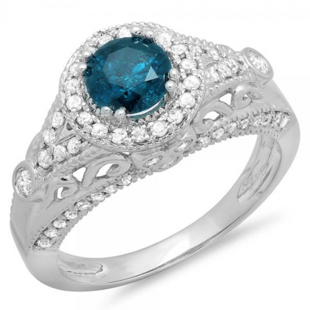 1.33 Carat (ctw) 14k White Gold Round Blue & White Diamond Ladies Split Shank Vintage Bridal Halo Style Engagement Ring 1 1/3 CT