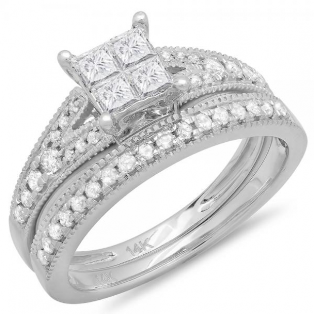 0.75 Carat (ctw) 14k White Gold Princess & Round Diamond Ladies Split Shank Bridal Engagement Ring With Matching Band Set 3/4 CT