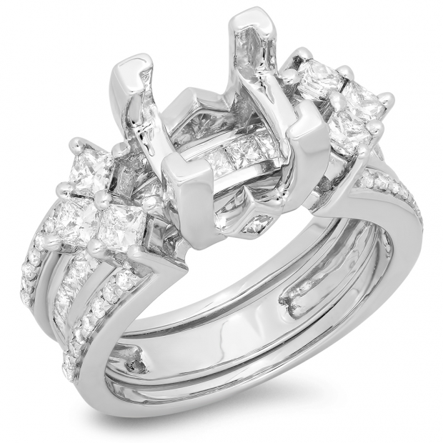 1.75 Carat (ctw) 14k White Gold Princess & Round Diamond Ladies Bridal Semi Mount Engagement Ring With Matching Band Set 1 3/4 CT (No Center Stone)