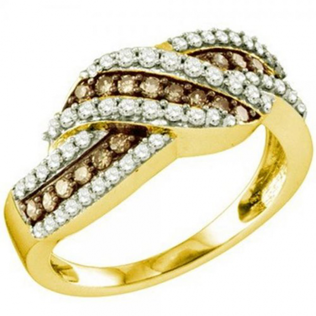 0.80 Carat (ctw) 10k Yellow Gold Round Champagne & White Diamond Ladies Swirl Right Hand Cocktail Band 3/4 CT