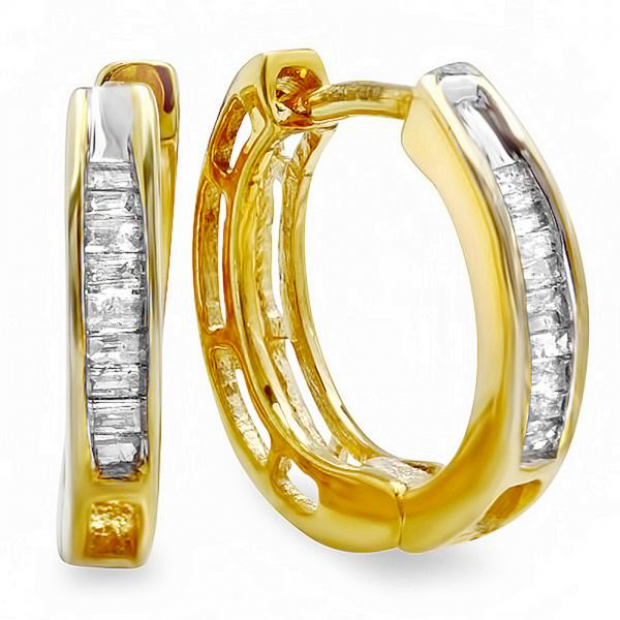 0.10 Carat (ctw) 18K Yellow Gold Plated Sterling Silver Baguette Cut Diamond Ladies Huggies Hoop Earrings 1/10 CT