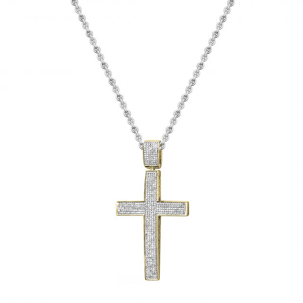 Round White Diamond Iced Out Slider Cross Unisex Pendant with 18 Inch Silver Chain in 10K Yellow Gold (1.00 ctw, Color I-J, Clarity I2-I3)
