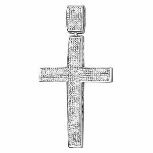Round White Diamond Iced Out Slider Cross Unisex Pendant with 18 Inch Silver Chain in 925 Sterling Silver (1.00 ctw Color I-J Clarity I2-I3)