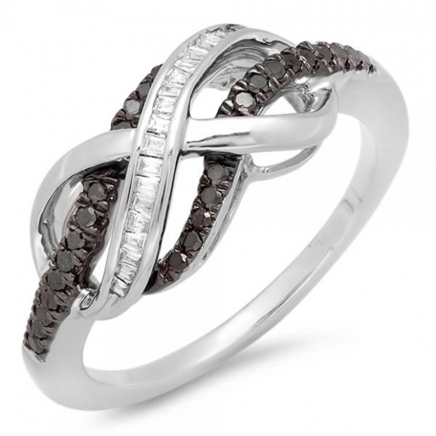0.20 Carat (ctw) Sterling Silver Round & Baguette Cut Black & White Diamond Ladies Swirl Infinity Two Tone Wedding Ring 1/5 CT