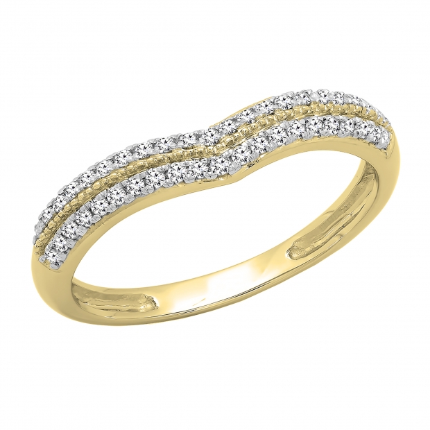 0.25 Carat (ctw) 10K Yellow Gold Round White Diamond Ladies Double Row Curved Anniversary Wedding Stackable Band 1/4 CT