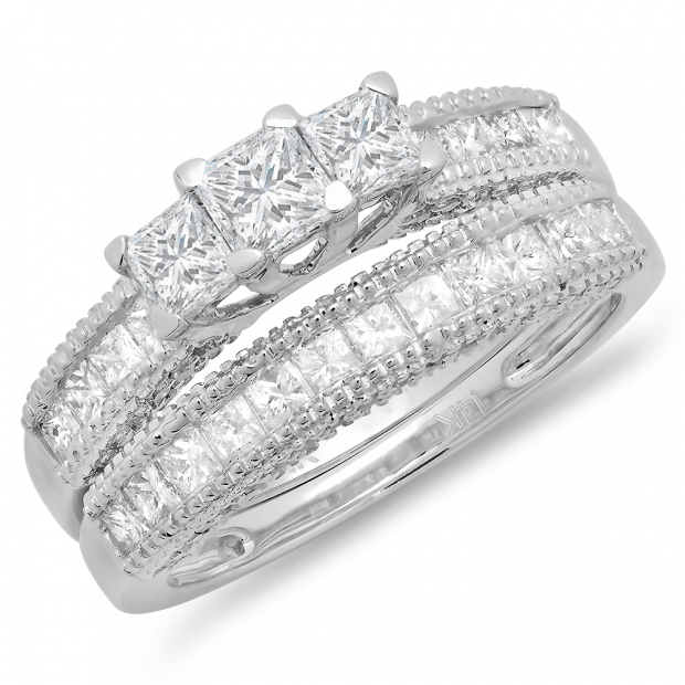 2.00 Carat (ctw) 14K White Gold Princess and Round Diamond Ladies Bridal 3 Stone Engagement Ring With Matching Wedding Band Set 2 CT