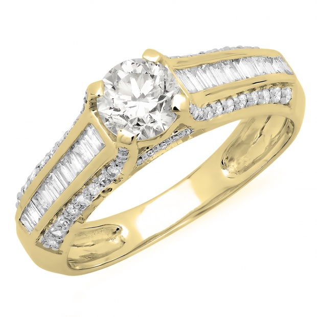 1.20 Carat (ctw) 10K Yellow Gold Round & Baguette Cut Diamond Ladies Vintage Style Solitaire With Accents Bridal Engagement Ring 1 1/4 CT