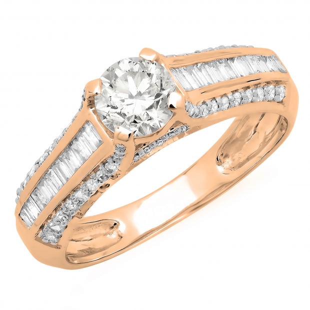 1.20 Carat (ctw) 14K Rose Gold Round & Baguette Cut Diamond Ladies Vintage Style Solitaire With Accents Bridal Engagement Ring 1 1/4 CT