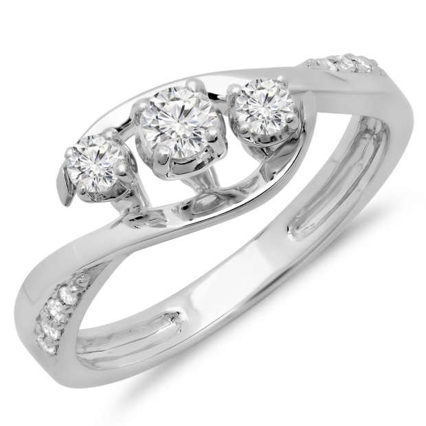 0.40 Carat (ctw) 10K White Gold Round Diamond Ladies Bridal Swirl Style 3 Stone Engagement Ring