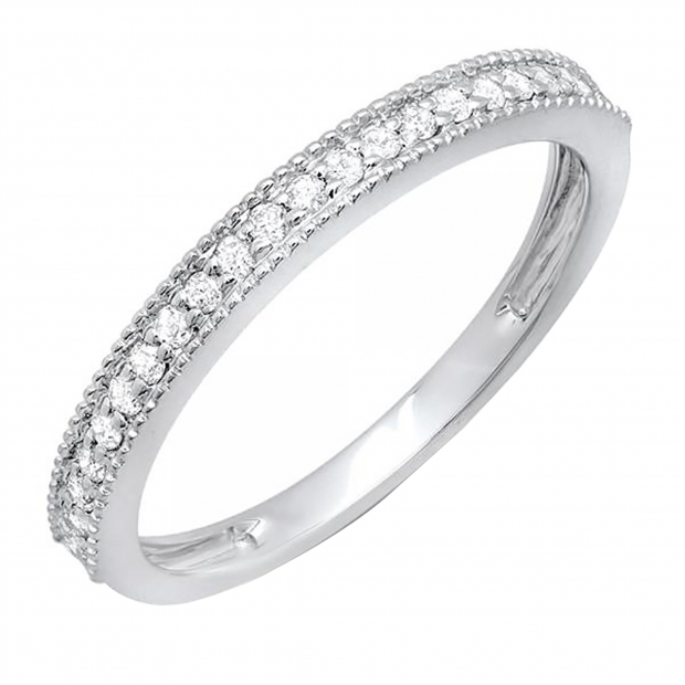 0.35 Carat (ctw) 10K White Gold Round White Cubic Zirconia Ladies Milgrain Anniversary Wedding Stackable Band 1/3 CT