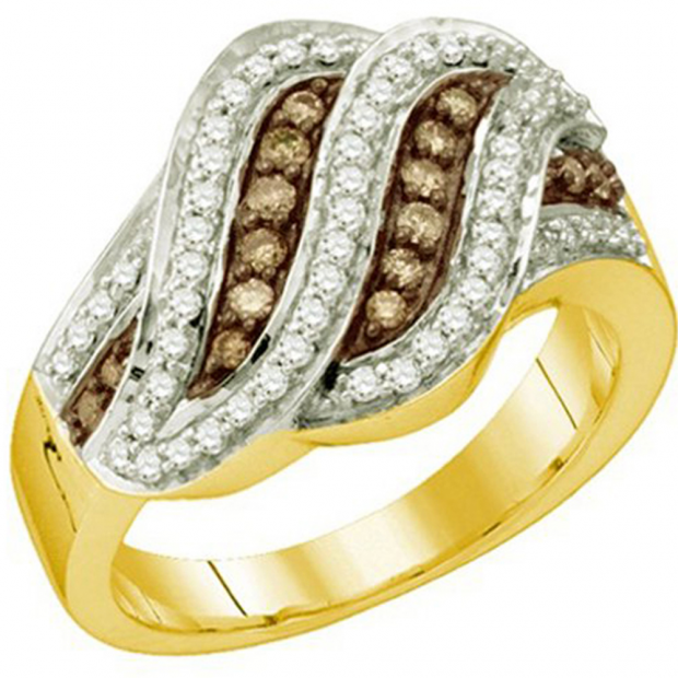 0.70 Carat (ctw) 10k Yellow Gold Round Champagne & White Diamond Ladies Cocktail Right Hand Fashion Band 3/4 CT
