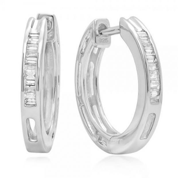 0.13 Carat (ctw) Sterling Silver Baguette Cut Diamond Ladies Mens Unisex Huggie Hoop Earrings