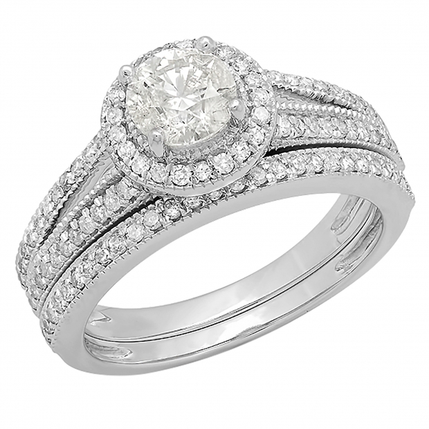 1.25 Carat (ctw) 14k White Gold Round Diamond Ladies Split Shank Halo Style Bridal Engagement Ring Set With Matching Band 1 1/4 CT