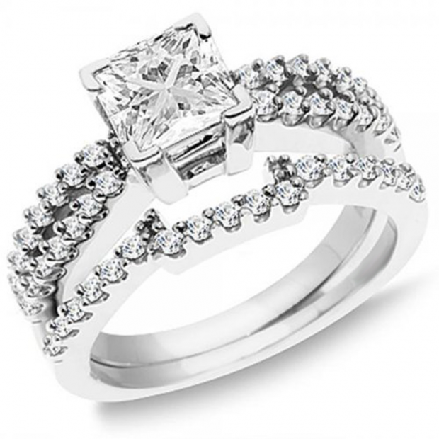 1.50 Carat (ctw) 14K White Gold Princess & Round White Diamond Ladies Split Shank Bridal Engagement Ring with Matching Wedding Band Set 1 1/2 CT