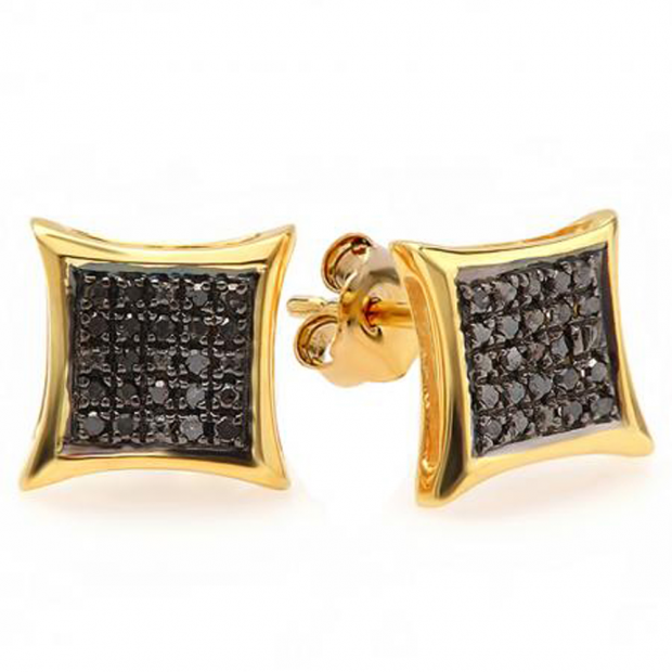 0.10 Carat (ctw) 10K Yellow Gold Round Black Diamond Micro Pave Setting Kite Shape Stud Earrings 1/10 CT