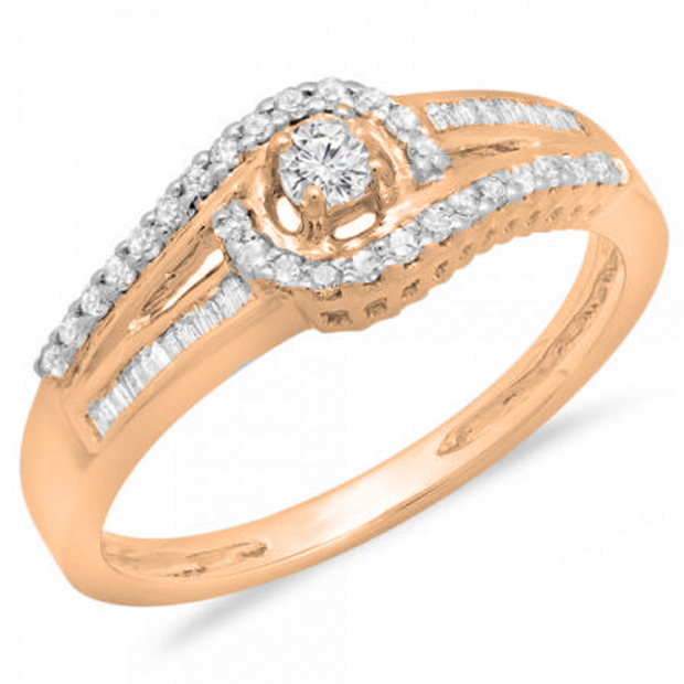 0.33 Carat (ctw) 18K Rose Gold Round & Baguette Cut Diamond Ladies Twisted Swirl Bridal Halo Engagement Ring 1/3 CT
