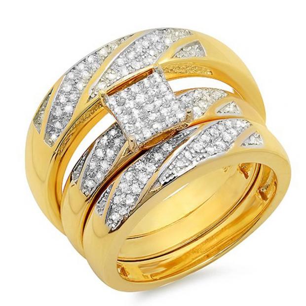 0.30 Carat (ctw) 18K Yellow Gold Plated Sterling Silver Round White Diamond Men & Womens Micro Pave Engagement Ring Trio Bridal Set 1/3 CT
