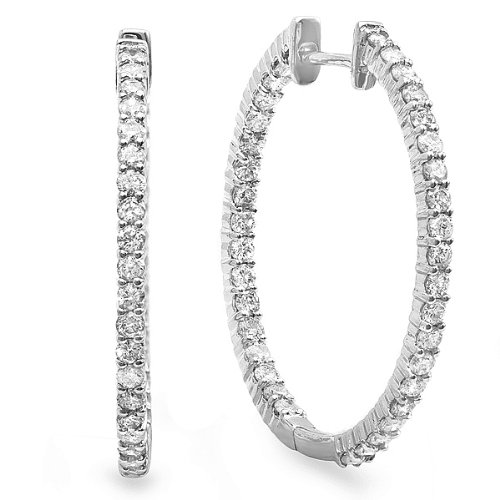 0.95 Carat (ctw) 14k White Gold Round Diamond Ladies In and Out Hoop Earrings 1 CT
