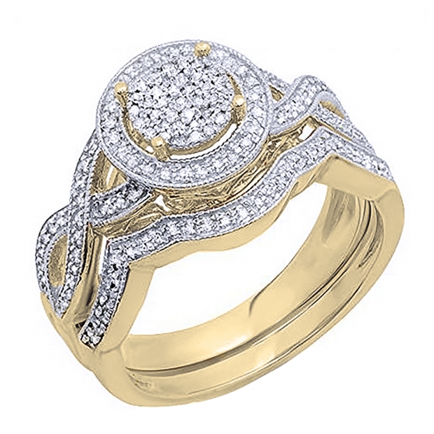 0.50 Carat (ctw) 18K Yellow Gold Plated Sterling Silver Round Diamond Ladies Micro Pave Engagement Ring Set 1/2 CT