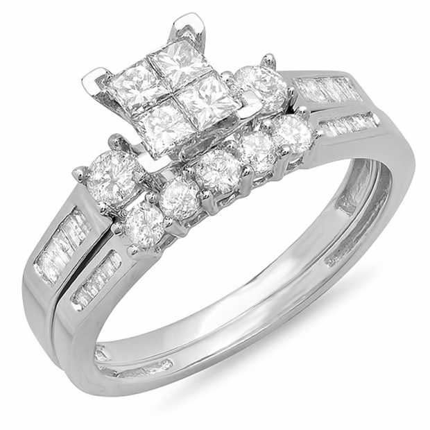 1.20 Carat (ctw) 10K White Gold Princess Round & Baguette Cut Diamond Ladies Bridal Engagement Ring With Matching Band Set 1 1/4 CT