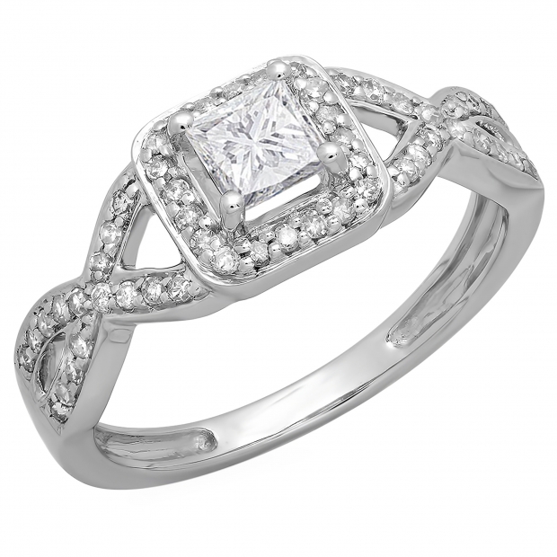 0.80 Carat (ctw) 14K White Gold Princess & Round Diamond Ladies Swirl Bridal Halo Style Engagement Ring 3/4 CT