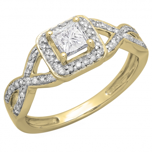 0.80 Carat (ctw) 18K Yellow Gold Princess & Round Diamond Ladies Swirl Bridal Halo Style Engagement Ring 3/4 CT