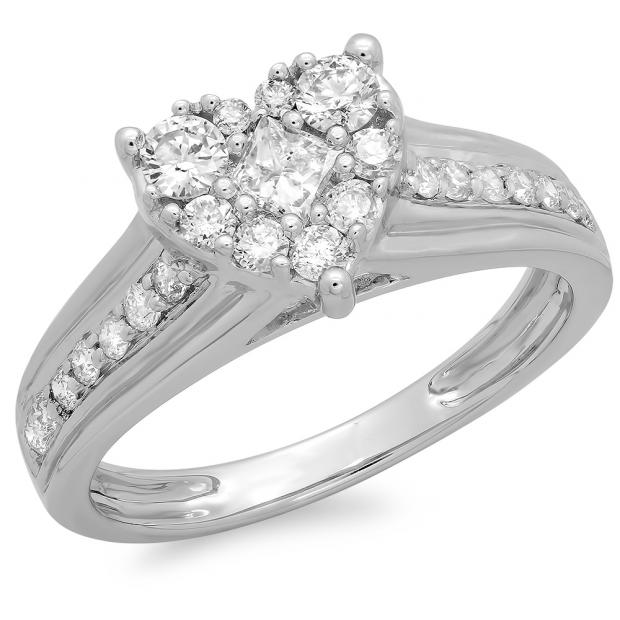 0.70 Carat (ctw) 10K White Gold Princess & Round Diamond Ladies Bridal Heart Shaped Promise Engagement Ring 3/4 CT