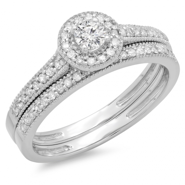 0.50 Carat (ctw) 10K White Gold Round Diamond Ladies Halo Style Bridal Engagement Ring With Matching Band Set 1/2 CT