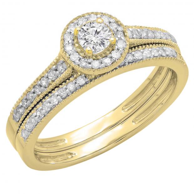 0.50 Carat (ctw) 10K Yellow Gold Round Diamond Ladies Halo Style Bridal Engagement Ring With Matching Band Set 1/2 CT